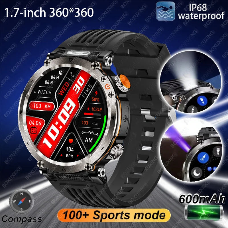 2025 New Outdoor Smart Watch Men 600mAh LED Flashlight SmartWatch Compass Bluetooth call Heart rate IP 68 Sports Smartwatch 2025