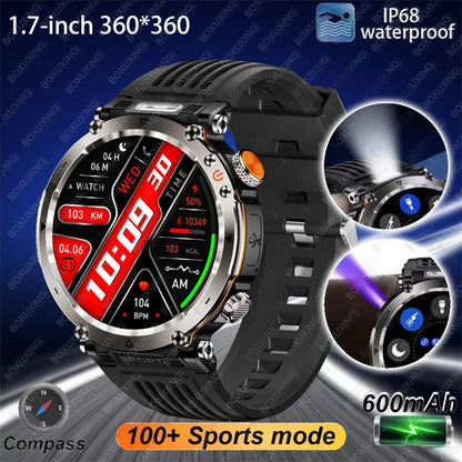 2025 New Outdoor Smart Watch Men 600mAh LED Flashlight SmartWatch Compass Bluetooth call Heart rate IP 68 Sports Smartwatch 2025