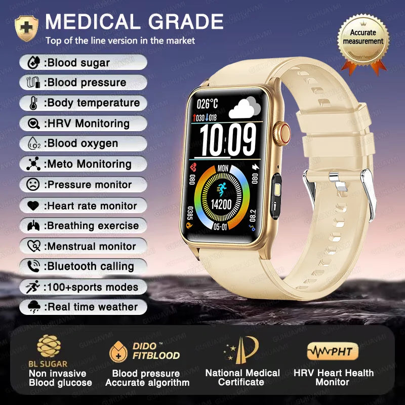 2025 New AI Medical Diagnosis Blood sugar Blood pressure Blood oxygen Smart Watch For Men Bluetooth Call LED Health Smart watch