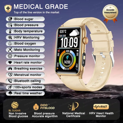 2025 New AI Medical Diagnosis Blood sugar Blood pressure Blood oxygen Smart Watch For Men Bluetooth Call LED Health Smart watch