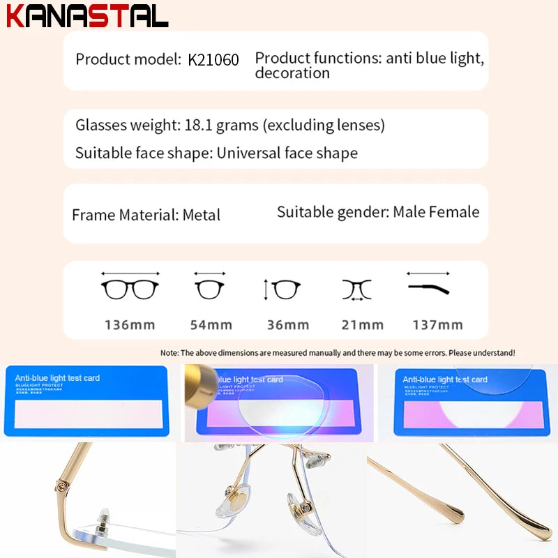 Men Rimless Prescription Glasses Reading Myopia Optical Lenses Eyewear Women Blue Light Blocking Titanium Metal Eyeglasses Frame