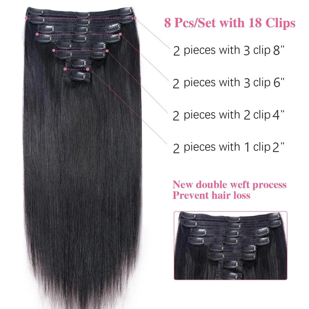 Straight Clip in Hair Extensions Human Hair Brazilian Remy Natural Full Head Seamless Human Hair Clip in Extensions For Women