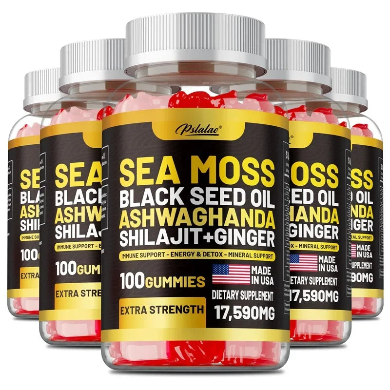 Sea Moss, Black Seed Oil, Ashwagandha, Ginger, Shilajit Gummies - Boosts Energy, Skin, Joints & Immunity