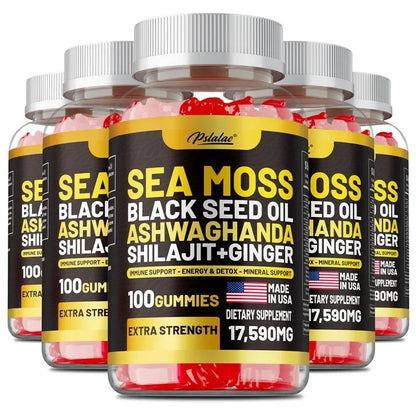 Sea Moss, Black Seed Oil, Ashwagandha, Ginger, Shilajit Gummies - Boosts Energy, Skin, Joints & Immunity