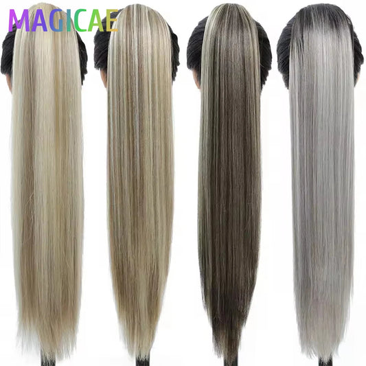 28 Inches Ponytail Brown 27 Hair Extensions With Clips Highlight Piano Color Straight 6/613 Heat Resistant Synthetic Hair