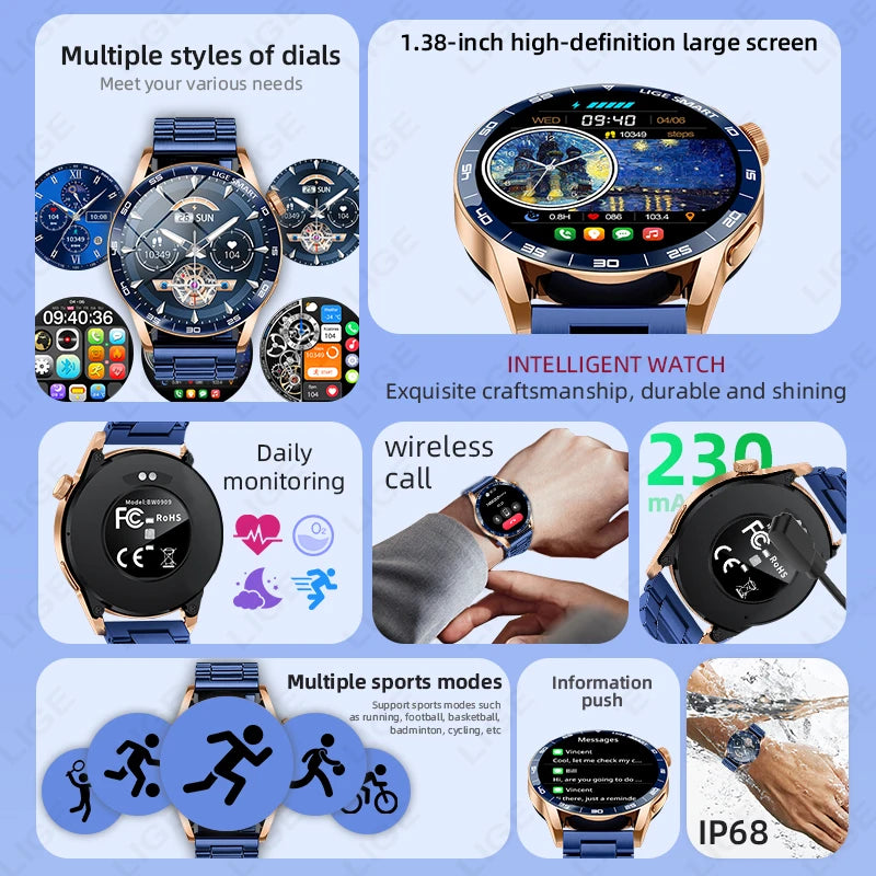 LIGE 2025 Voice Calling Smart Watch Men 1.38" HD IP68 Waterproof Sports Fitness Watches New Man Women Smartwatch For Android iOS