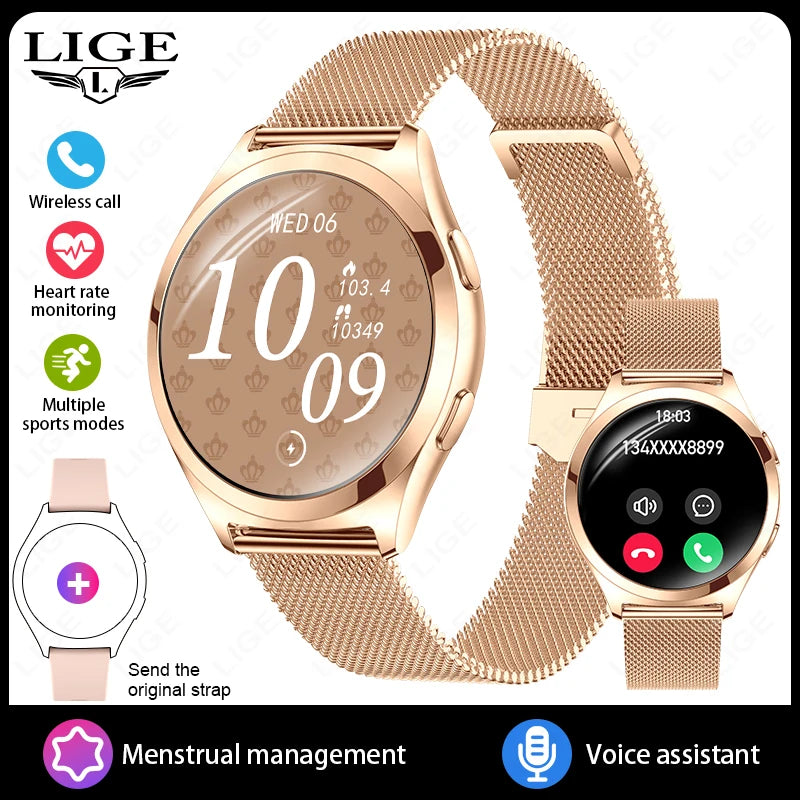 LIGE New 1.27”HD Screen Smart Watch Women IP68 Waterproof Bluetooth Call Women’s Bracelet Sport Health Monitor Ladies Smartwatch