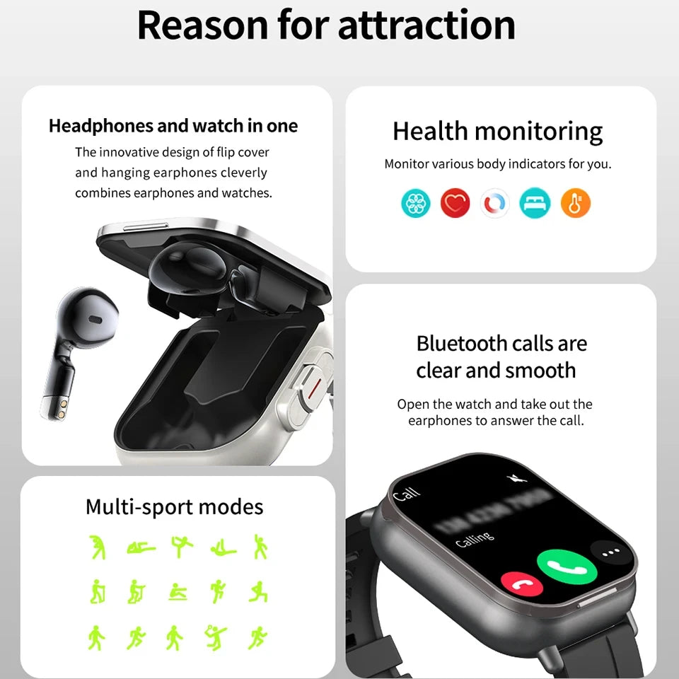 2025 Smart Watch 2 in 1 With Earphone Smartwatch Bluetooth Call NFC Men Watch GPS Track Heart Rate Monitor Play Music SmartWatch