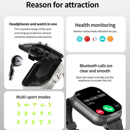2025 Smart Watch 2 in 1 With Earphone Smartwatch Bluetooth Call NFC Men Watch GPS Track Heart Rate Monitor Play Music SmartWatch