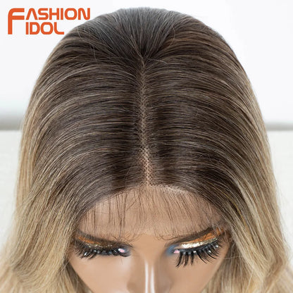 FASHION IDOL 24 inch Lace Front Wigs For Women Synthetic Wigs With Baby Hair Wigs Ombre Brown Blonde Straight Lace Wigs Cosplay