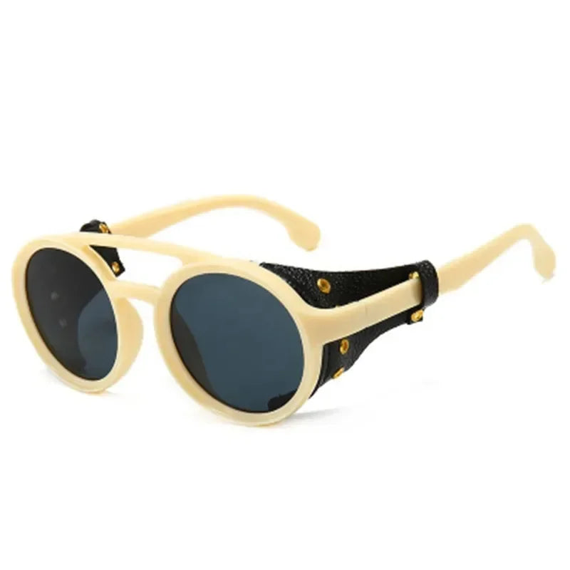 Steampunk Shields Sunglasses Men Women Classic SunGlasses With Side Leather Round Eyewear Pink UV400 Lens