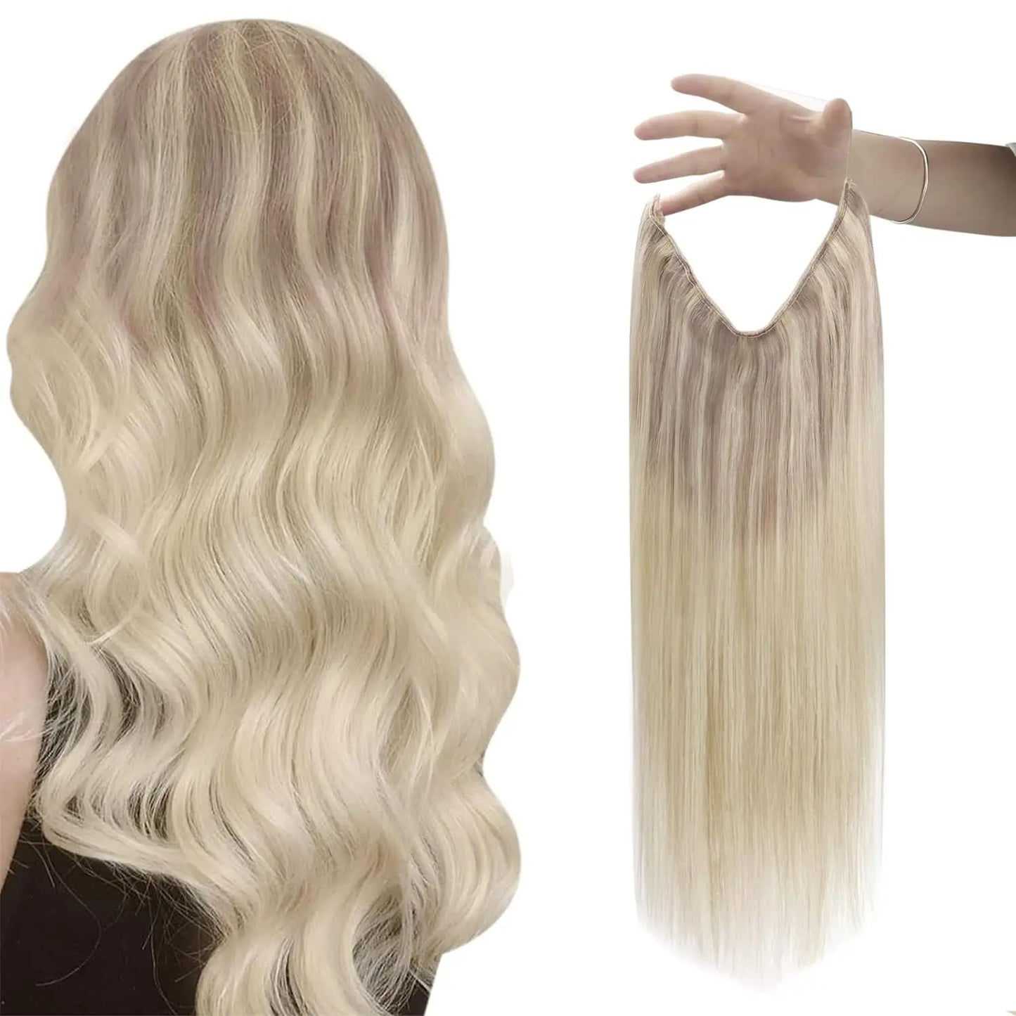 VeSunny Fish Line Human Hair Extension Wire Natural Hair OnePiece Invisible Wire Hair Weft with 2 Clips Machine Made Blonde Hair