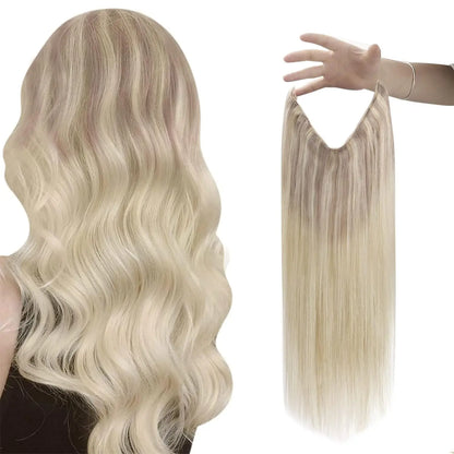 VeSunny Fish Line Human Hair Extension Wire Natural Hair OnePiece Invisible Wire Hair Weft with 2 Clips Machine Made Blonde Hair