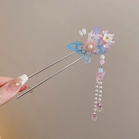 Light Luxury Flower Hairpin For Women Chinese Style Floral Butterfly Tassel Hair Stick Elegant Metal Jewelry Hairpin Hair Clips