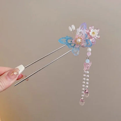 Light Luxury Flower Hairpin For Women Chinese Style Floral Butterfly Tassel Hair Stick Elegant Metal Jewelry Hairpin Hair Clips