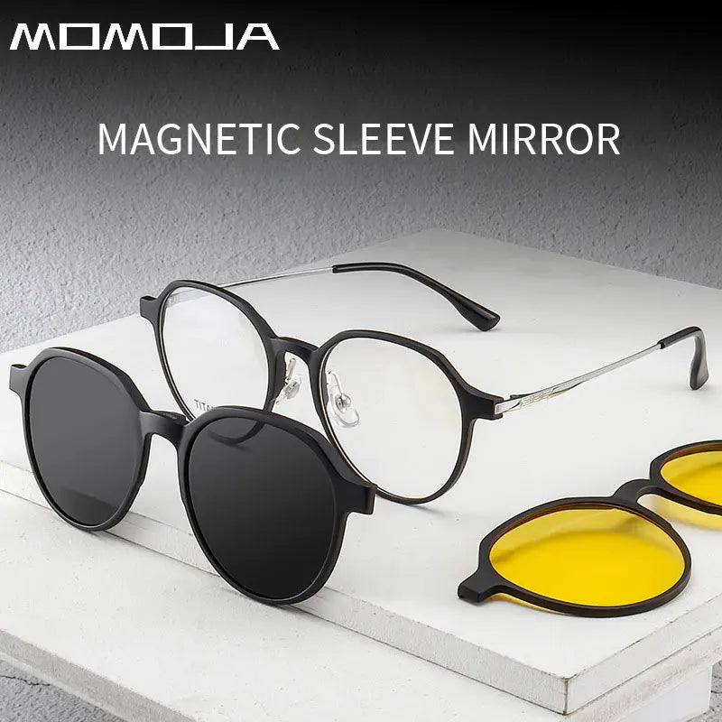 MOMOJA Fashion TR90 Polarized Magnetic Clip-on Glasses Retro Round Optical Prescription Eyeglasses Frames for Men and Women 8507