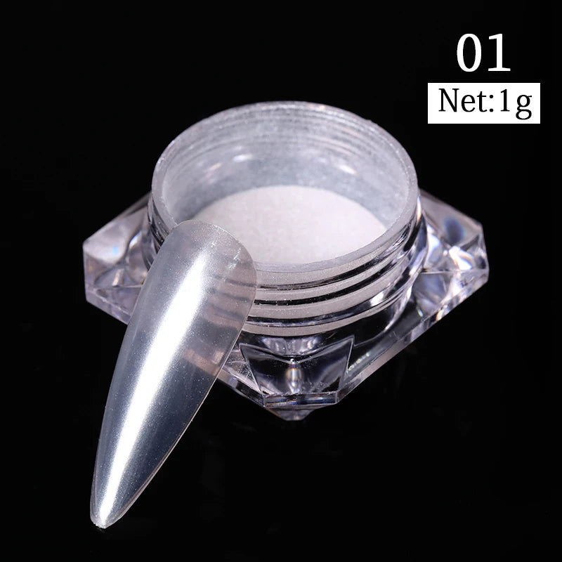 1 Box Aurora White Chrome Nail Powder Sparkling Mirror Pearl Pigments Nail Glitter White Rubbing Dust Nail Art Manicure Decorate