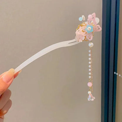 Light Luxury Flower Hairpin For Women Chinese Style Floral Butterfly Tassel Hair Stick Elegant Metal Jewelry Hairpin Hair Clips