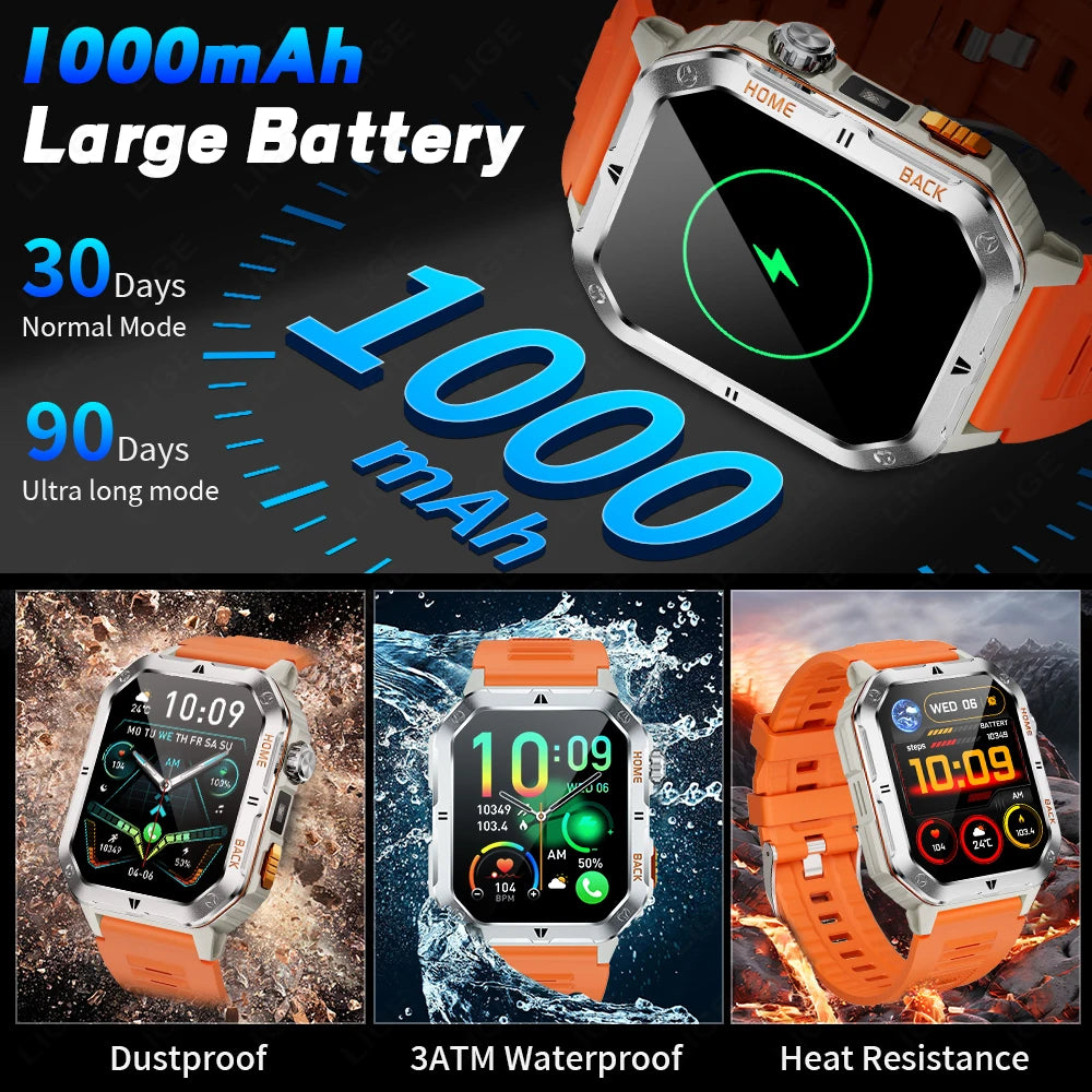 LIGE Fashion 1000mAh Big Battery Smart Watch Men 2.01” HD Screen Bluetooth Call 3ATM Waterproof Sports Health Monitor Smartwatch