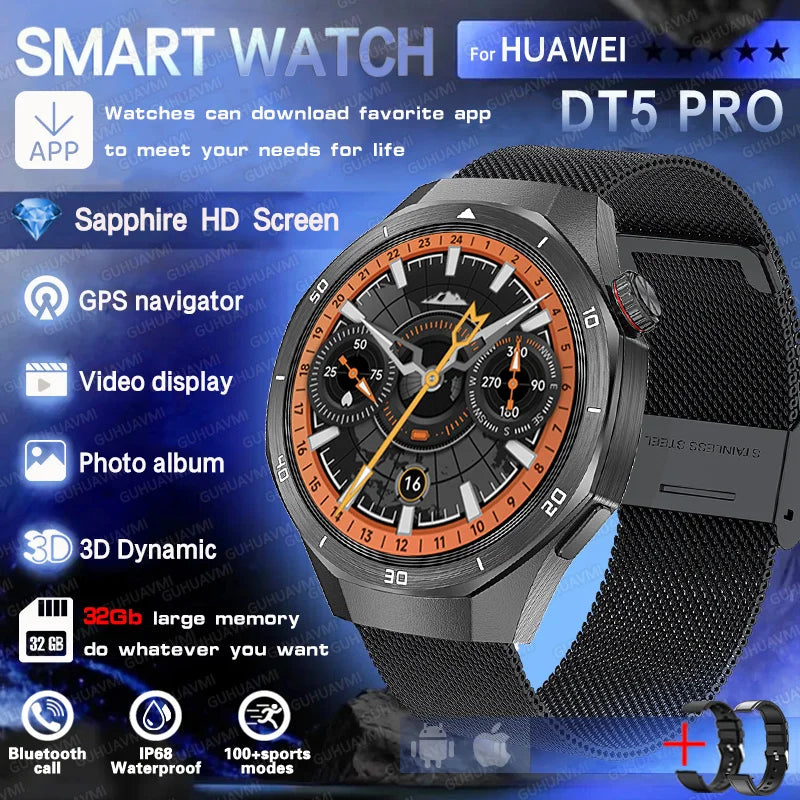 DT5 Pro Watch 32Gb Memory Local Music Bluetooth Call GPS Tracker Compass 3D Menu Bluetooth Smart Watch Men Women 2025