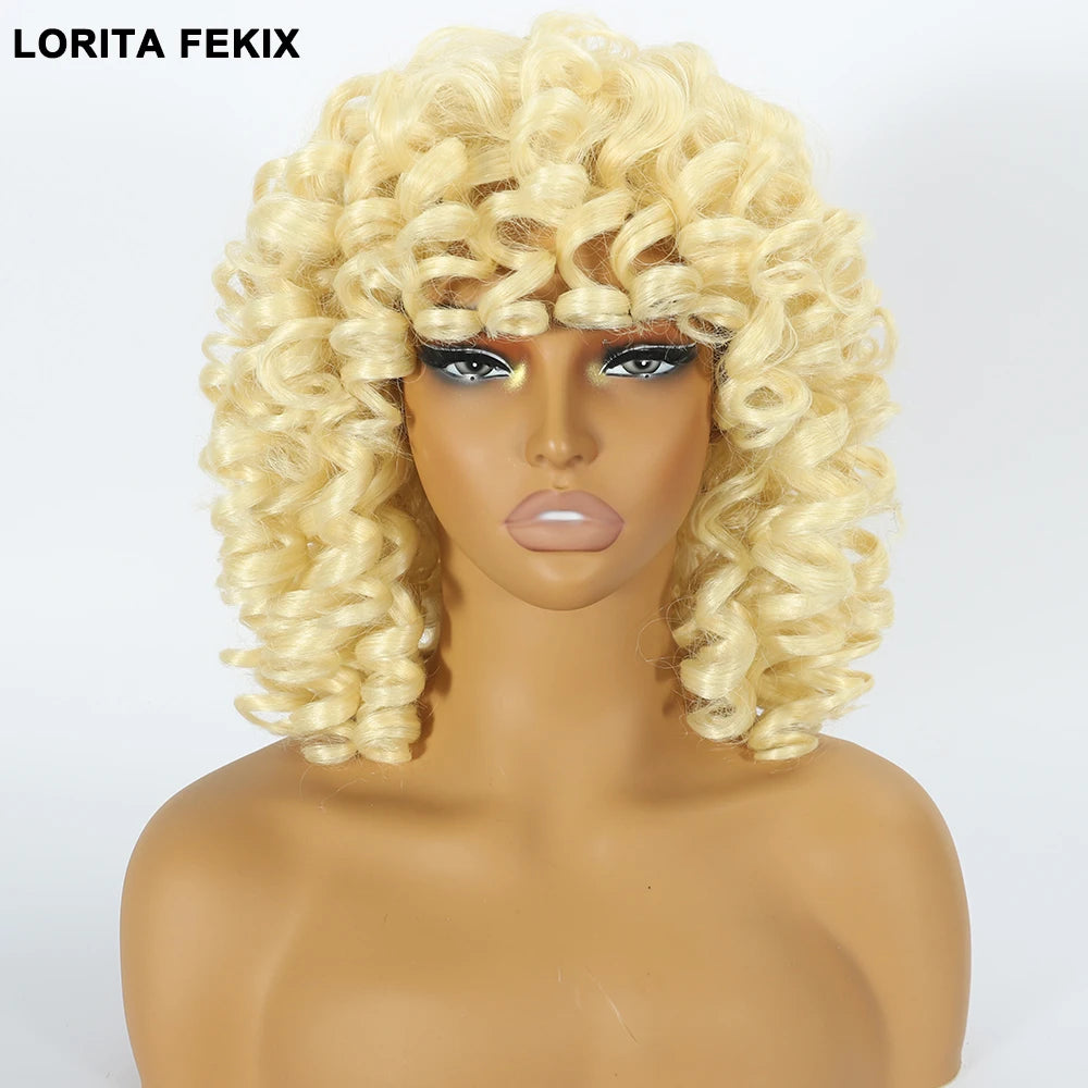 Short Loose Red Curly Wig for Black Women Curly Afro Wig with Bangs Synthetic Fiber Natural Looking Glueless Hair for Daily Wear