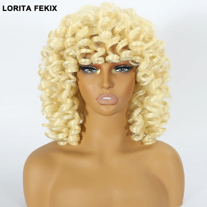 Short Loose Red Curly Wig for Black Women Curly Afro Wig with Bangs Synthetic Fiber Natural Looking Glueless Hair for Daily Wear