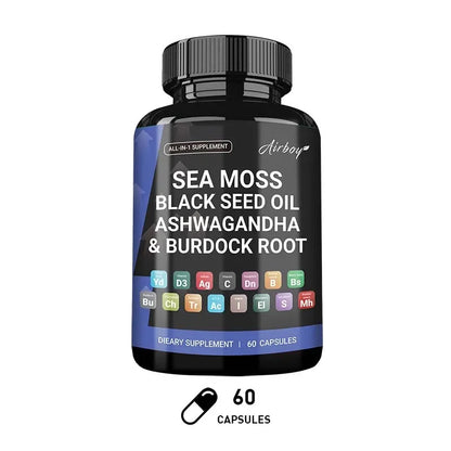 Sea Moss,Black Seed Oil,Ashwagandha & Burdock Root - Promotes Digestion, Bone and Joint Health