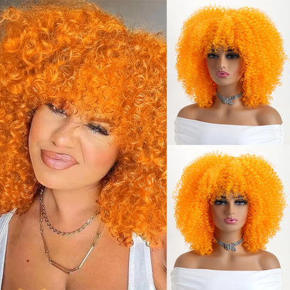 16 Inch Afro Kinky Curly Synthetic Hair Gradient Purple Wigs With Bangs Soft Fluffy Fiber  Wigs For Party Cosplay Daily Use