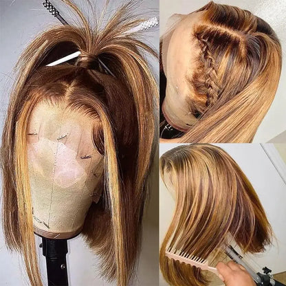 P4/27 Straight Short Bob Wig Human Hair Highlight Blonde Lace Front Wigs 13x4 HD Transparent Lace Frontal Wig For Black Women