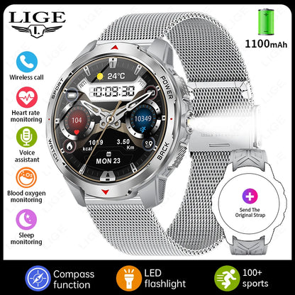 LIGE New 1100mAh Large Capacity Battery Smart Watch Men Sports LED Flashlight Compass 3ATM Waterproof Bluetooth Call Smartwatch