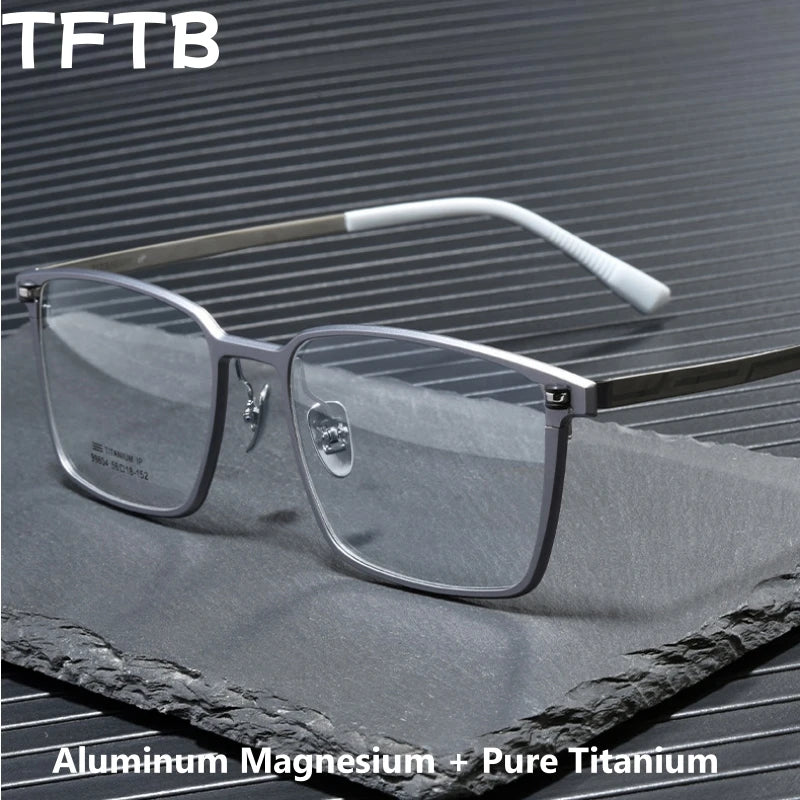 TFTB Ultra-light Pure Titanium Men's Square Eyewear Business Fashion Aluminum Magnesium Optical Prescription Glasses Frame 144mm