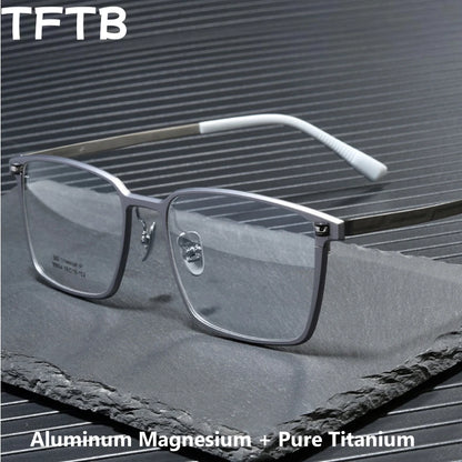 TFTB Ultra-light Pure Titanium Men's Square Eyewear Business Fashion Aluminum Magnesium Optical Prescription Glasses Frame 144mm