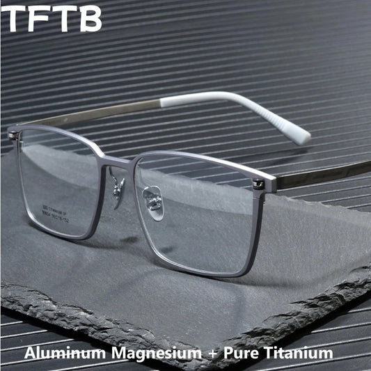 TFTB Ultra-light Pure Titanium Men's Square Eyewear Business Fashion Aluminum Magnesium Optical Prescription Glasses Frame 144mm
