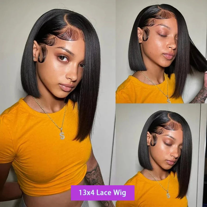 13X4 Straight Bob Wig 200% Density Lace Frontal Wigs Brazilian Pre Plucked With Baby Hair 4x4 For Women Bob Human Hair Wigs #1B