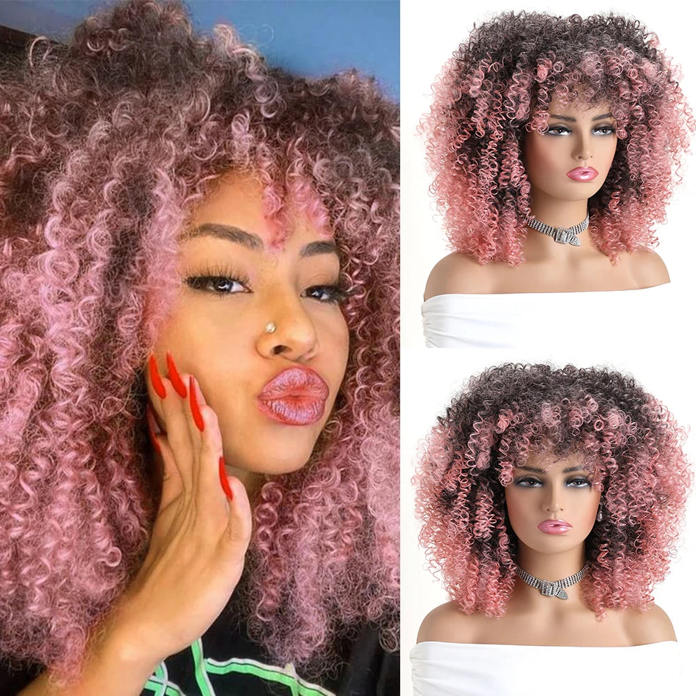 16 Inch Afro Kinky Curly Synthetic Hair Gradient Purple Wigs With Bangs Soft Fluffy Fiber  Wigs For Party Cosplay Daily Use
