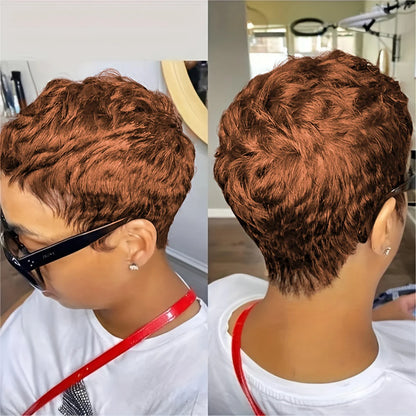 Short Pixie Cut Wig Human Hair For Women Machine Made Wigs With Bangs Colored Wig 180 Density