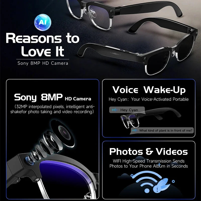New Smart Glasses AI Translation Bluetooth Call 800w HD Camera Music Headphones Outdoor Sports Fashion Sunglasses For Men Women