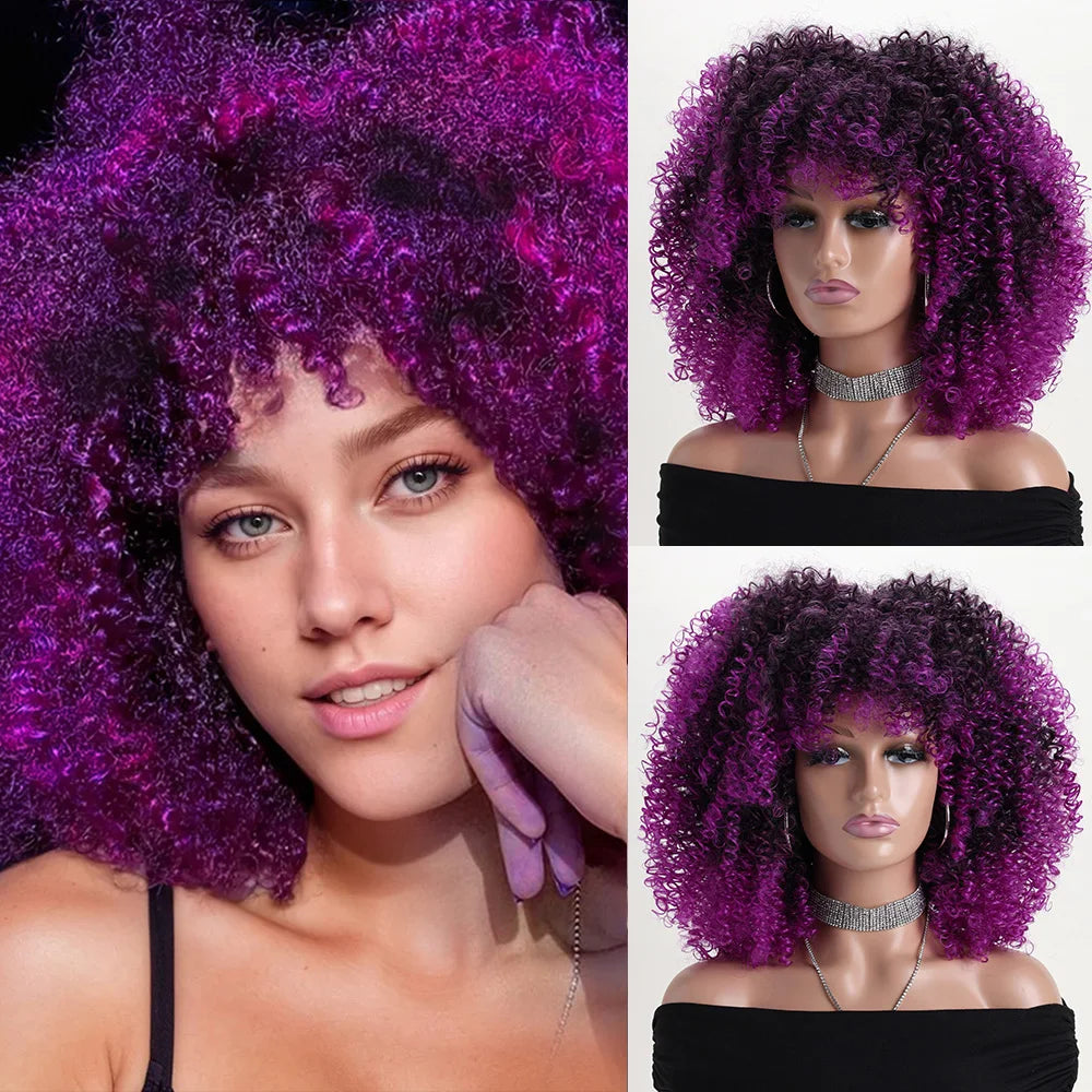 16 Inch Afro Kinky Curly Synthetic Hair Gradient Purple Wigs With Bangs Soft Fluffy Fiber  Wigs For Party Cosplay Daily Use