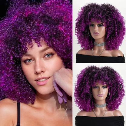 16 Inch Afro Kinky Curly Synthetic Hair Gradient Purple Wigs With Bangs Soft Fluffy Fiber  Wigs For Party Cosplay Daily Use