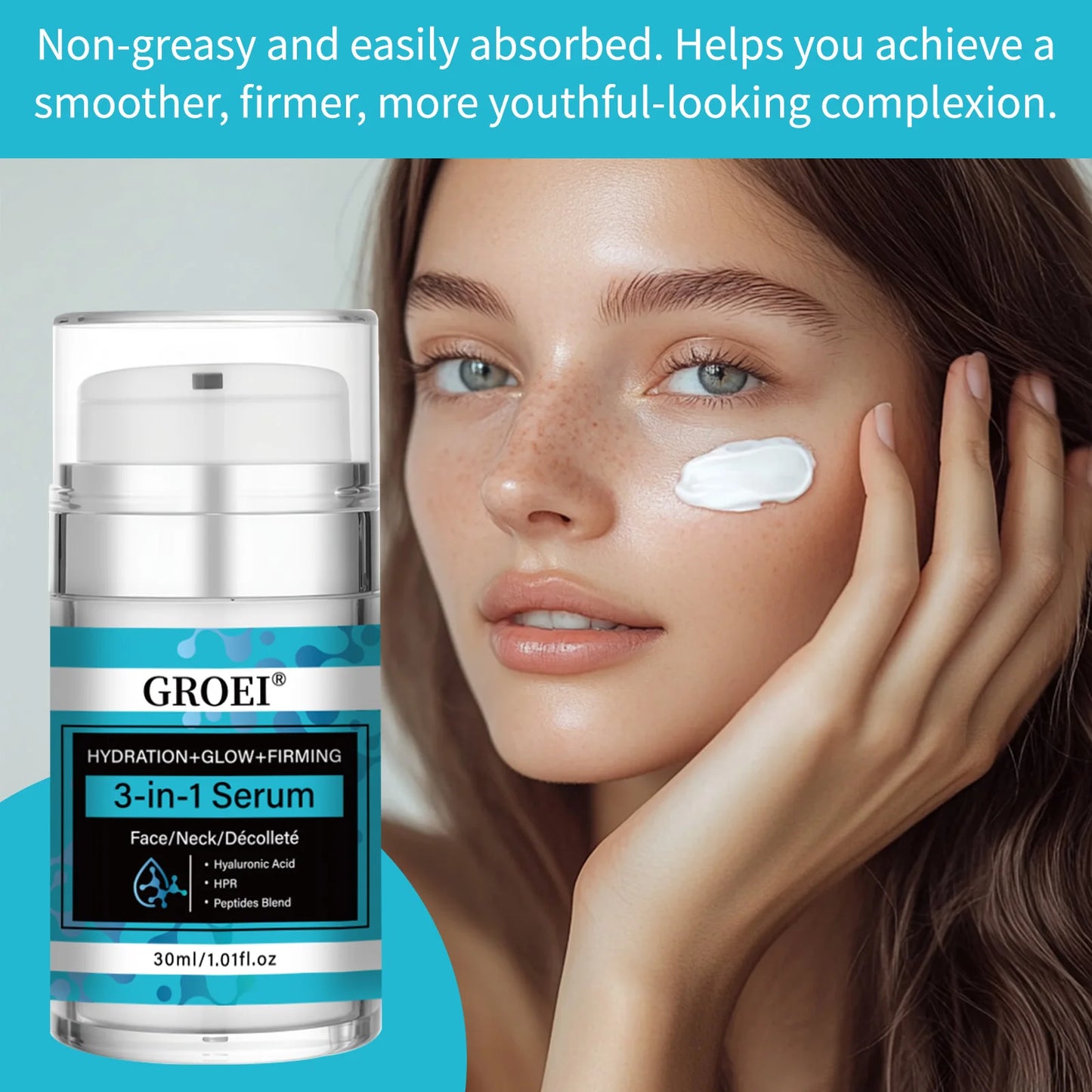 GROEI 3-in-1 Serum for Face Neck Decollete Hydration Glow + Firming HPR Retinol Alternative 30ml Anti-Wrinkle Skincare Creams
