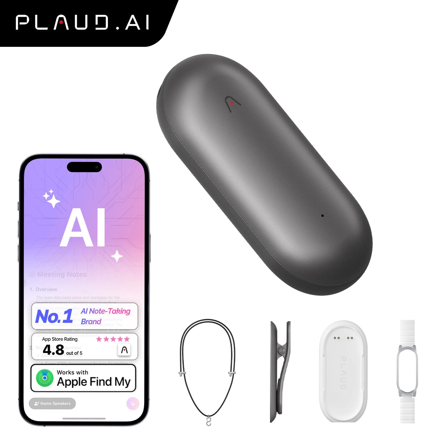 PLAUD NotePin Wearable AI Voice Recorder, AI Notetaker, Smart Transcription & Summarization, with Wristband & Lanyard
