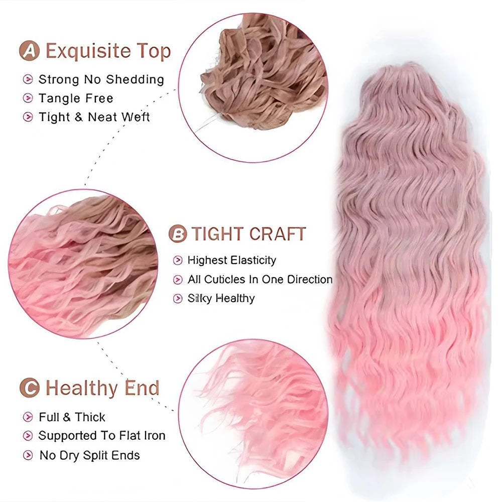 Anna 24Inches 3Pcs Crochet Rainbow Pink Water Deep Wave Ombre Highlight Sliver White Synthetic Hair Extension Wavy Braids Hair