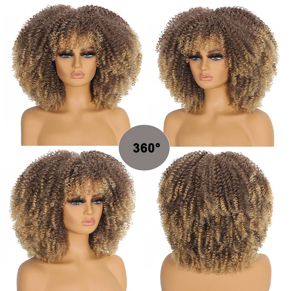 Curly Afro Wigs for Black Women Synthetic Afro Kinky Curly Wig with Bangs Heat Resistan Short Kinky Curly Wigs for Daily Party