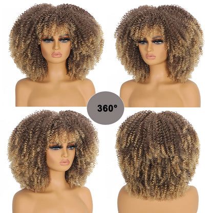 Curly Afro Wigs for Black Women Synthetic Afro Kinky Curly Wig with Bangs Heat Resistan Short Kinky Curly Wigs for Daily Party