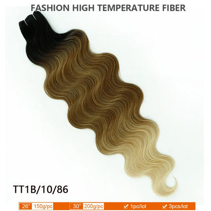 30Inches 200grams Blond Ombre 27/613 Brown Body Wave Synthetic Hair Weave Bundles Soft Bio Human-Like Heat Resistant Ponytail