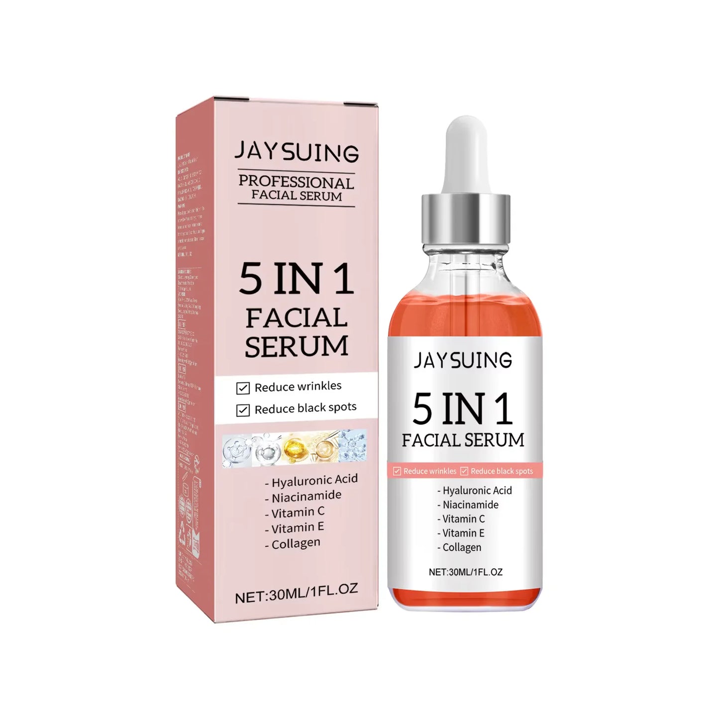 JAYSUING 5 in 1 Facial Serum Hyaluronic Acid Vitamin C Shrink Pores Hydrating Brightening Fade Fine Lines Firming Facial Serum