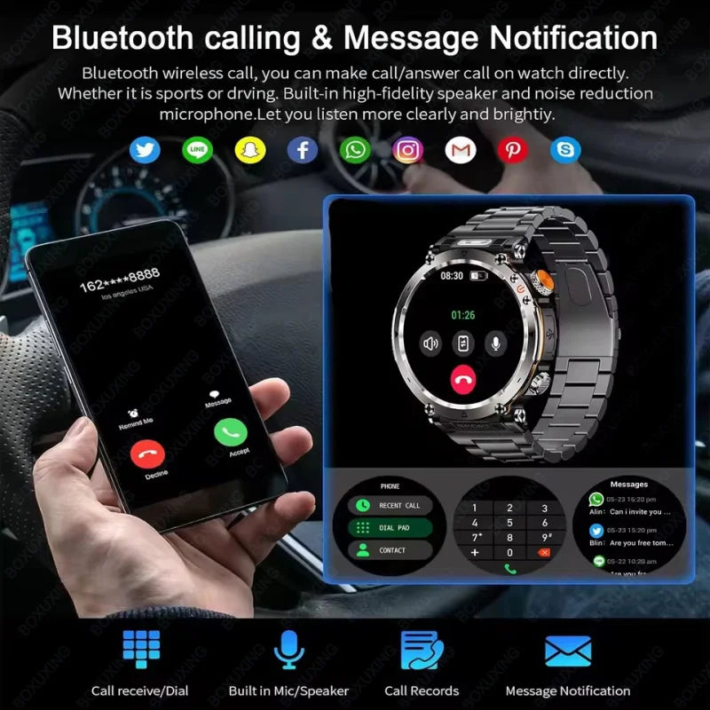 2025 New Outdoor Smart Watch Men 600mAh LED Flashlight SmartWatch Compass Bluetooth call Heart rate IP 68 Sports Smartwatch 2025