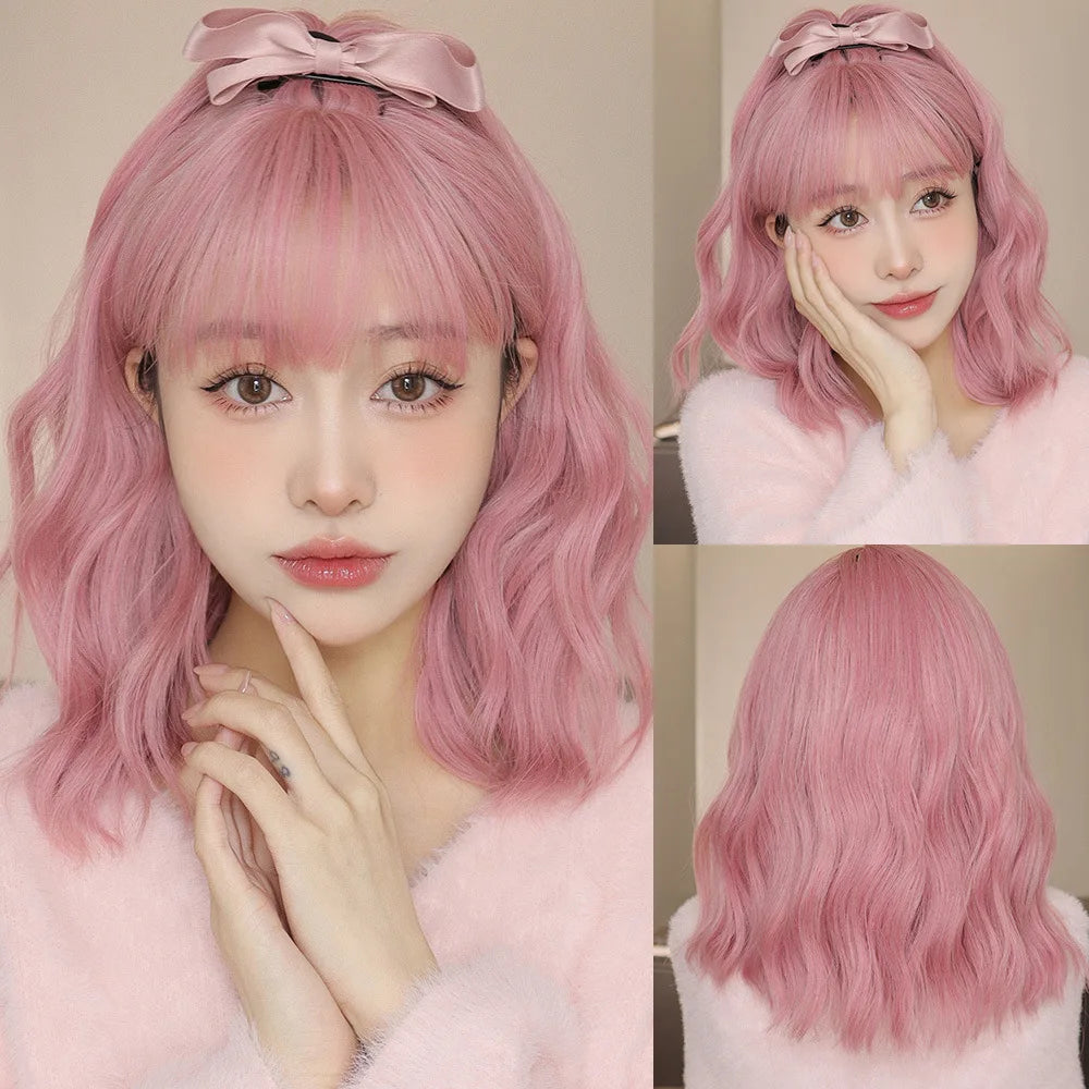 12 Inch Brown Bob Natural Wig Synthetic Cute Hair Short Wavy Curly Wig With Bangs For Women Daily Party Use Heat Resistant Fiber