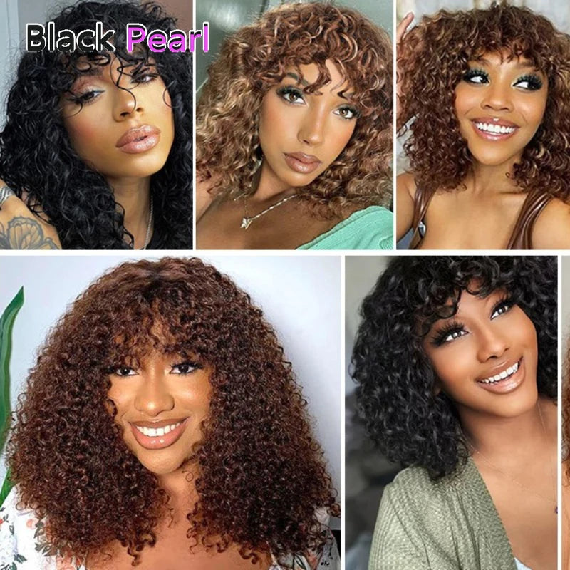 Black Pearl Jerry Curly Wig with Bangs100% Human Hair Short Pixie Cut Fringe Style Natural Curly Perruque Lightweight