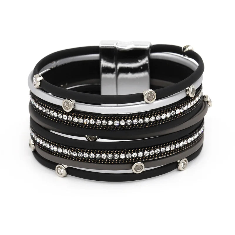 VONNOR Women Bracelet Jewelry Multilayer Leather Rope Chain Alloy Inlaid Rhinestone Bracelets Female Accessories Dropshipping